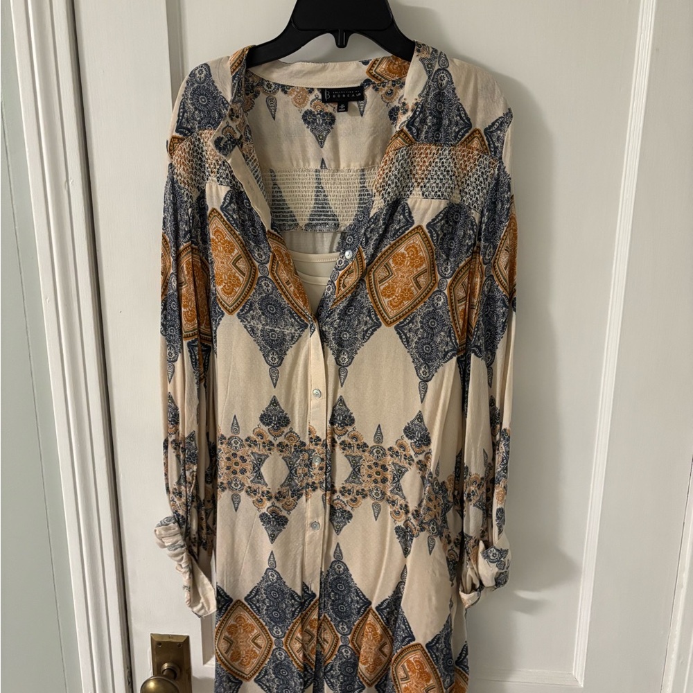 Bobeau Geometric Long Sleeve Dress - Cream, Blue, Orange